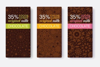 vector set of chocolate bar package designs with abstract brown geometric patterns. pastel stripe frame. editable packaging template collection.