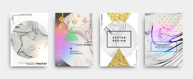 set of memphis style backgrounds with marble textures, golden glitters and geometric patterns. 80s retro minimalistic style vector illustrations for posters, placards, banners, covers and brochures.