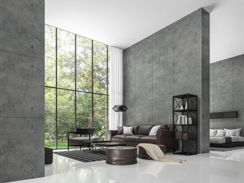 modern loft living room and bedroom 3d rendering image the room has a high ceiling. there is a polished concrete wall. white floors and large windows overlook the garden