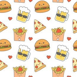 cute cartoon fast food seamless vector pattern background illustration with cheeseburger, pizza, glass of beer and french fries
