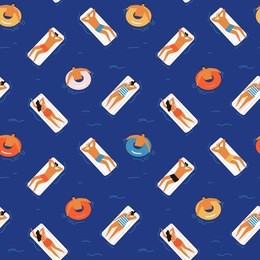 summer time beach illustration in vector. people swimming, sunbathing and relaxing in the ocean.