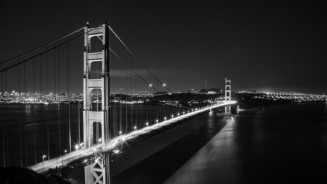 golden gate bridge black and white. night