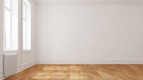 empty room with parquet floor and white background wall (3d rendering)