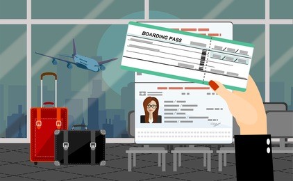 women hands hold passport and boarding pass waiting flight inside of airport with a plane, cityscape in background. travel concept. vector illustration in flat design.