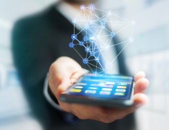 view of a business network connection displayed on a futuristic interface with technology icon - worldwide business concept