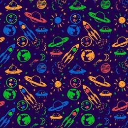 vector seamless cartoon pattern. colored hand drawn space pattern with planets, ufo, rocket and stars for paper, textile, handmade decoration, scrap-booking, polygraphy, t-shirt, cards, web design.
