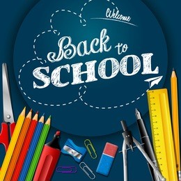 school supplies on chalkboard background