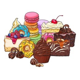 pile, heap of various cakes, sweets, donuts, macaroons and other desserts and pastries, sketch vector illustration isolated on white background. group of various pastries, cakes and desserts