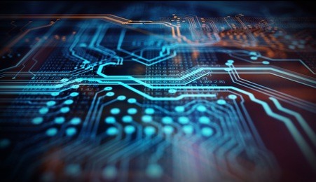 orange and blue technology background circuit board and code. 3d illustration/orange,  blue technology background