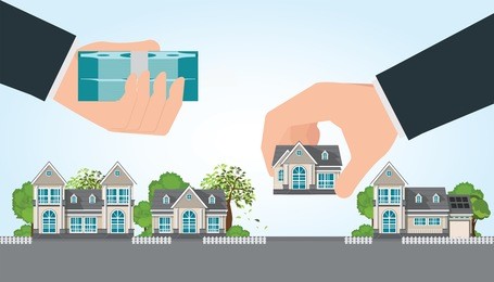 human hand holding right house and money, exchange conceptual property for sale, real estate conceptual vector illustration.