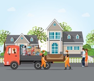 couple moving into new house, employee moving furniture with service trucks, moving home and real estate conceptual vector illustration. 