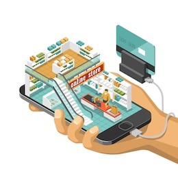 online shopping isometric shadow illustration with mobile phone stores orders isolated vector illustration 