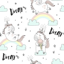 vector pattern with cute unicorns, clouds,rainbow and stars. magic background with little unicorns.