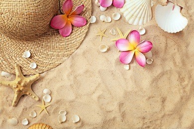 summer hat and seashells on the sand beach. summer frame background