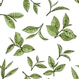 seamless pattern green tea, hand-drawn leaves and branches of tea