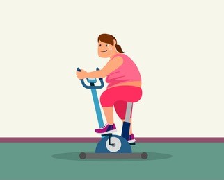 obese girl on the trainer bike. plus size woman training in sweat to lose weight.  overweight loss concept . isolated. vector.