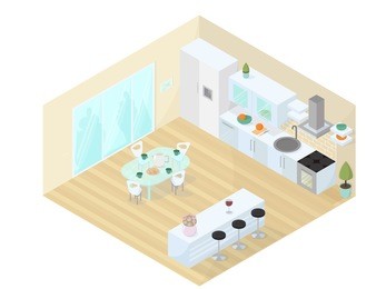 kitchen isometric illustration. interior design of dinning and kitchen.