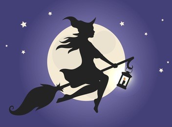 black silhouette of a beautiful glamour witch flying on a