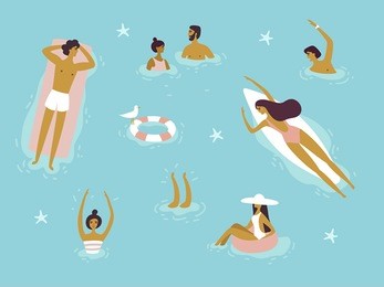 top view, summertime, holidays poster. people swimming, relax, have a fun time. surfing, vacation. vector cartoon illustration. summer time poster. flat design, trendy style. young men and women