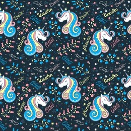 seamless colorful pattern with unicorns. vector magic background with flowers, stars, text: little princess, sweet, cute. for boys and girls, for textiles.