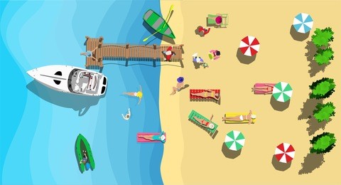 top view of beach with people and wood pier