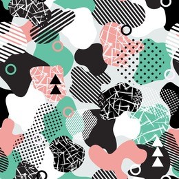 vector abstract seamless pattern with geometric shapes in modern style.white, blue pink and black colors. background for brochure, print, design, card, web, magazines, wallpapers.