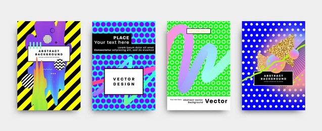 cover templates set with abstract liquid bubbles shapes, 80s memphis geometric style flat and 3d design elements. retro hipster art for placards, posters, banners and flyers. eps10 vector illustration