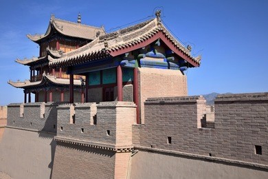 the watchtower on the jiayu pass, the first pass at the west end of the great wall of china, near the city of jiayuguan in gansu province in china.