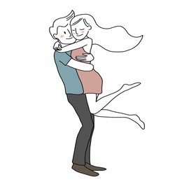 love theme with happy couple hugging and encircling their lovers with arms. cute woman jumping into man's embrace. vector illustration with hand-drawn style.