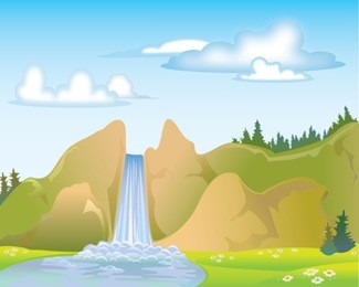 waterfall on a blue sky and clouds