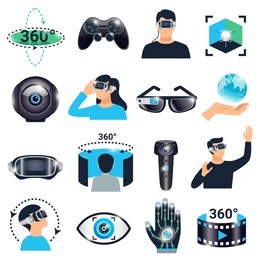 colored isolated virtual reality visualization simulation icon set glasses with a viewing angle of three hundred and sixty degrees vector illustration