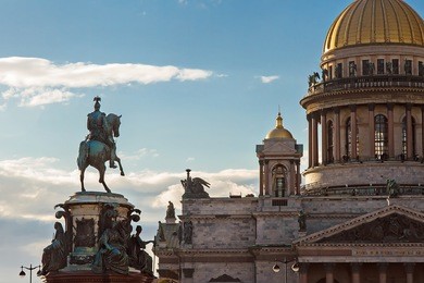 gold dome of st. isaac's cathedral in saint-petersburg, monument to nikolay the first