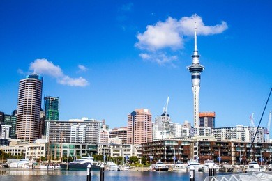 auckland, skyline in cbd, central harbour, urban landscape, new zealand