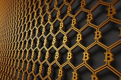 bitcoin symbols connected in a pattern. cryptocurrency background. 3d illustration.