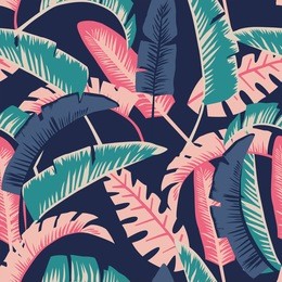 painted in cartoon style banana leaves. seamless vector wallpaper pattern on a dark blue background