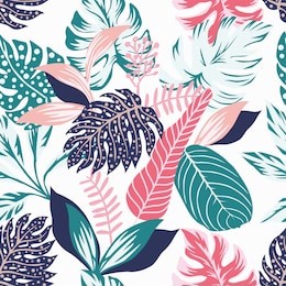 painted tropical exotic leaves abstract colors in a cartoon style. seamless vector wallpaper pattern on a white background