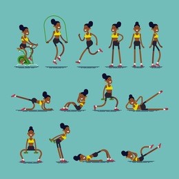 cool set of different exercise poses performed by young african woman, flat design. vector character design on female fitness poses. african american girl in the gym with skipping rope, bike, weights