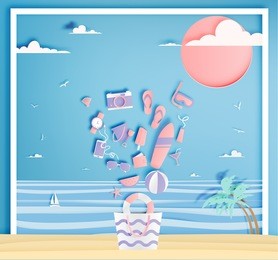 beach things paper art style with ocean background vector illustration