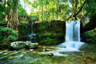 beautiful waterfall in jungles at kbal spean near siem reap, cambodia.
