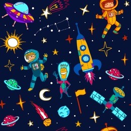 space themed doodle pattern seamless. vector flat illustration