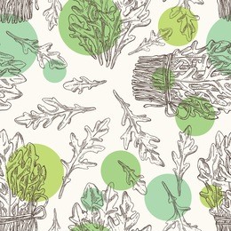 seamless pattern with arugula and bunch of arugula.  vector hand drawn illustration