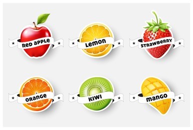 set of orange, lemon, strawberry, kiwi, apple, mango juice,smoothie, milk, cocktail and fresh labels splash. sticker, advertisement concept vector illustration