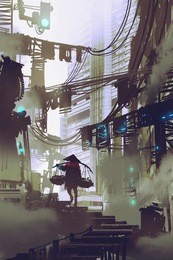 cyberpunk concept showing robot carrying on a shoulder pole walking in futuristic city, digital art style, illustration painting