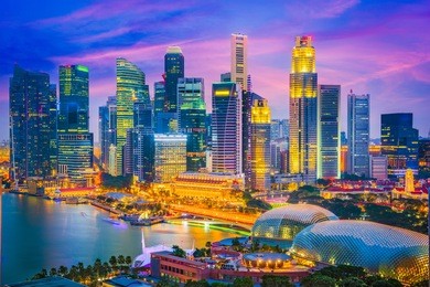 singapore city skyline at twilight.