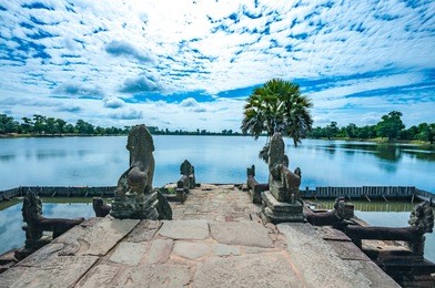 ancient buddhist khmer temple in angkor wat, cambodia. srah srang