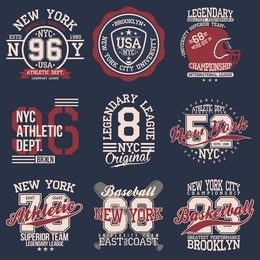 vintage labels set, athletic sport typography for t shirt print. varsity style. t-shirt graphic. vector
