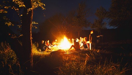 the company of young people are sitting around the bonfire and singing songs