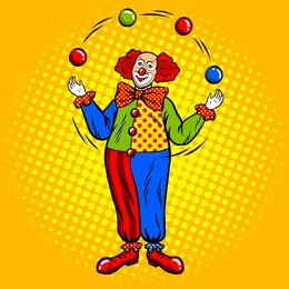 circus clown juggles with balls pop art retro vector illustration. comic book style imitation.