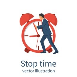 stop time concept. business metaphor. vector illustration flat design. isolated on white background. businessman in suit push back hour hand. deadline. time management.