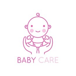 vector logo design element and emblem - baby care and love concept - happy newborn in mother's hands - cartoon illustration - for kids store, center, packaging, clothes, company making child good
